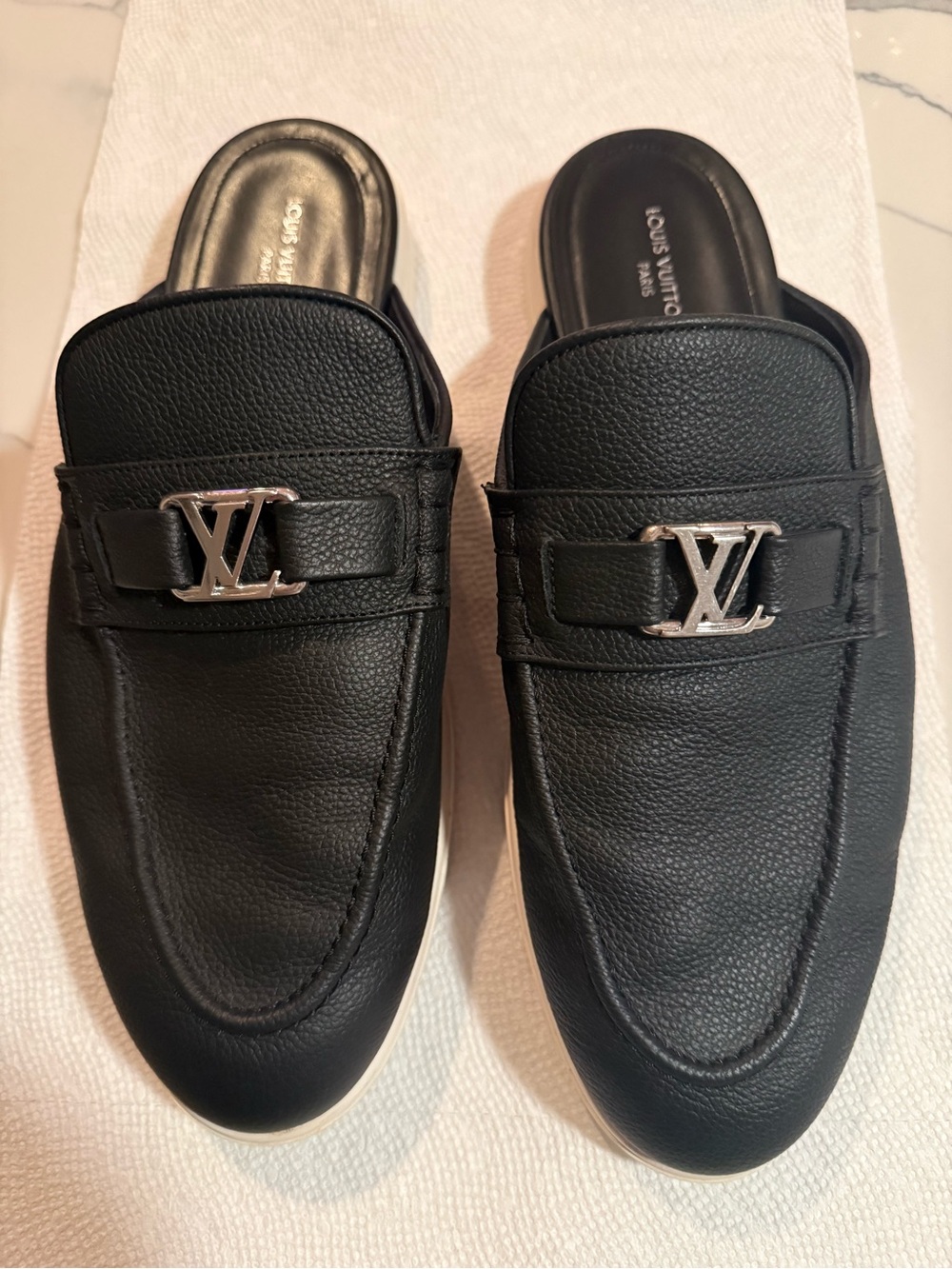 Louis Vuitton Black Leather LV Buckle Slip-On Mules